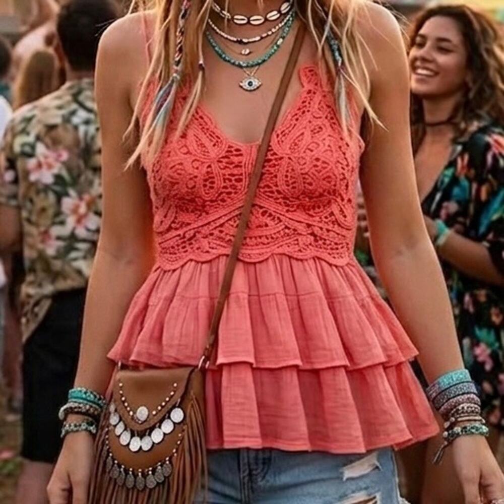 Coral Ruffle Tiered Cami Peplum Tank Top szS Y2K,fairy, festival, boho, concert